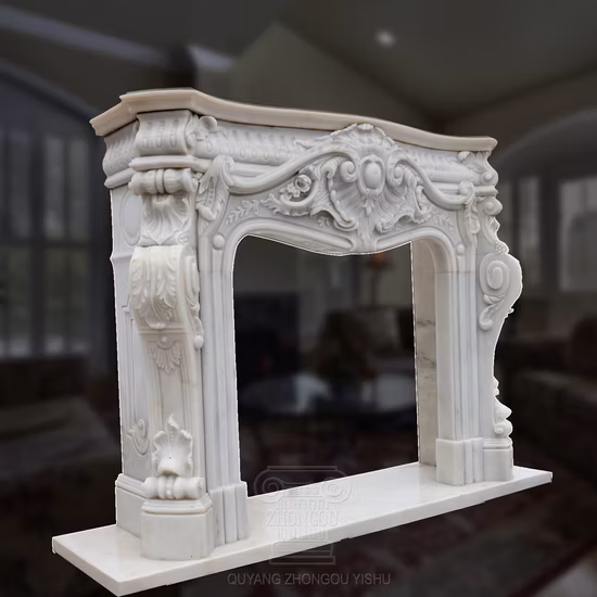Pièce de cheminée de cheminée en marbre blanc