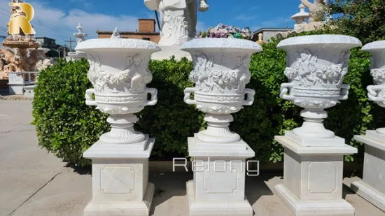 Jardinière en pierre de marbre blanc sculptée à la main, pot de fleurs en marbre pour jardin extérieur, grossiste